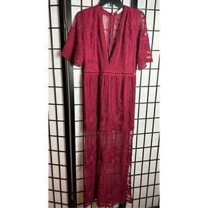 Eleter Burgundy Lace Short Sleeve Romper Dress